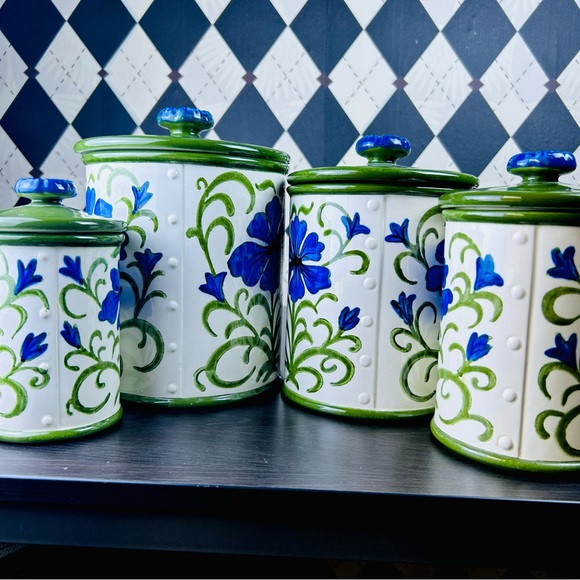 Metlox Poppytrail Blue Floral Canister Set, Green Lids, 4pc Vintage Very Large - Picture 7 of 17